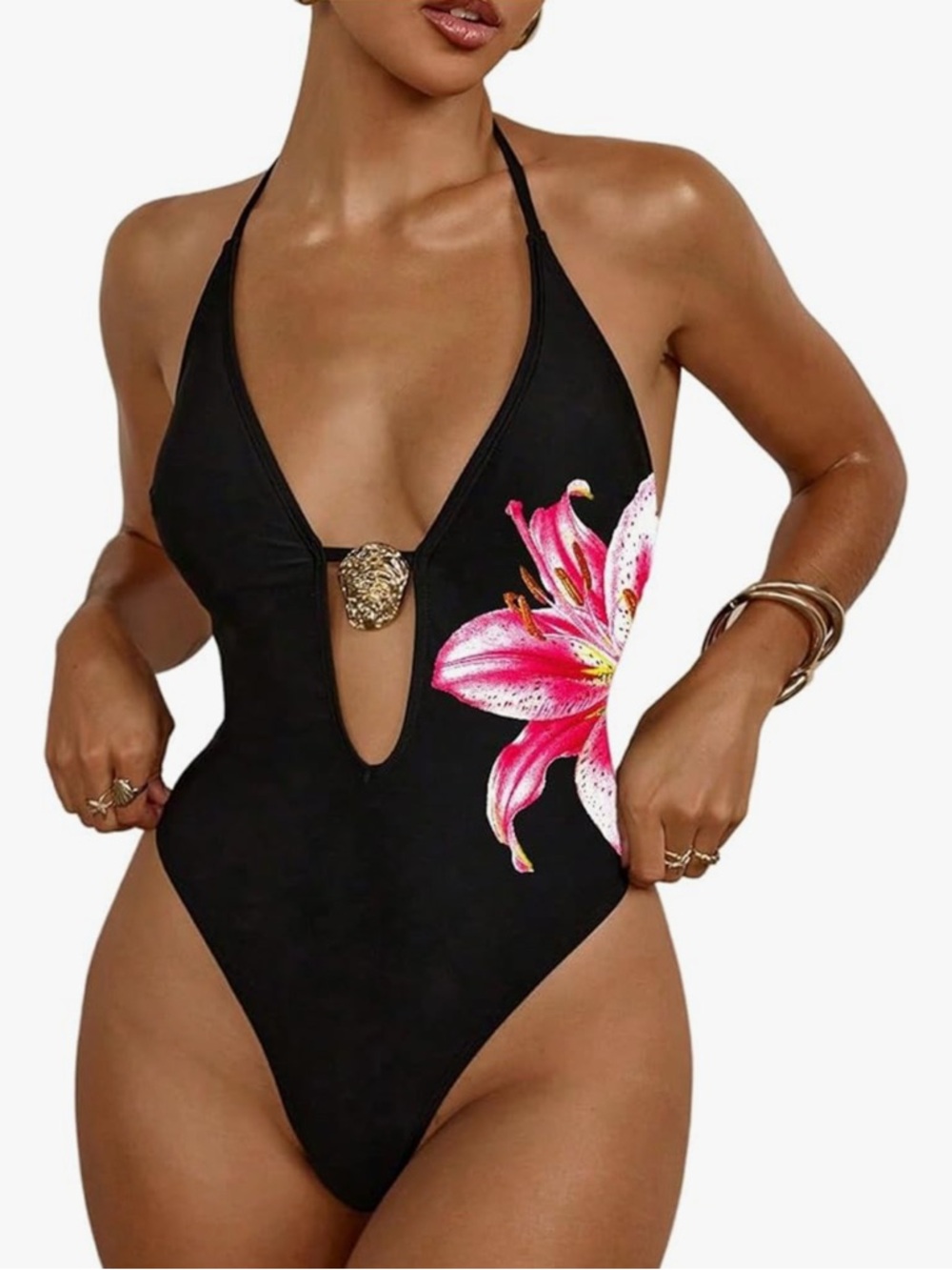 Black One-Piece Halter Swimsuit with Pink Floral Accent